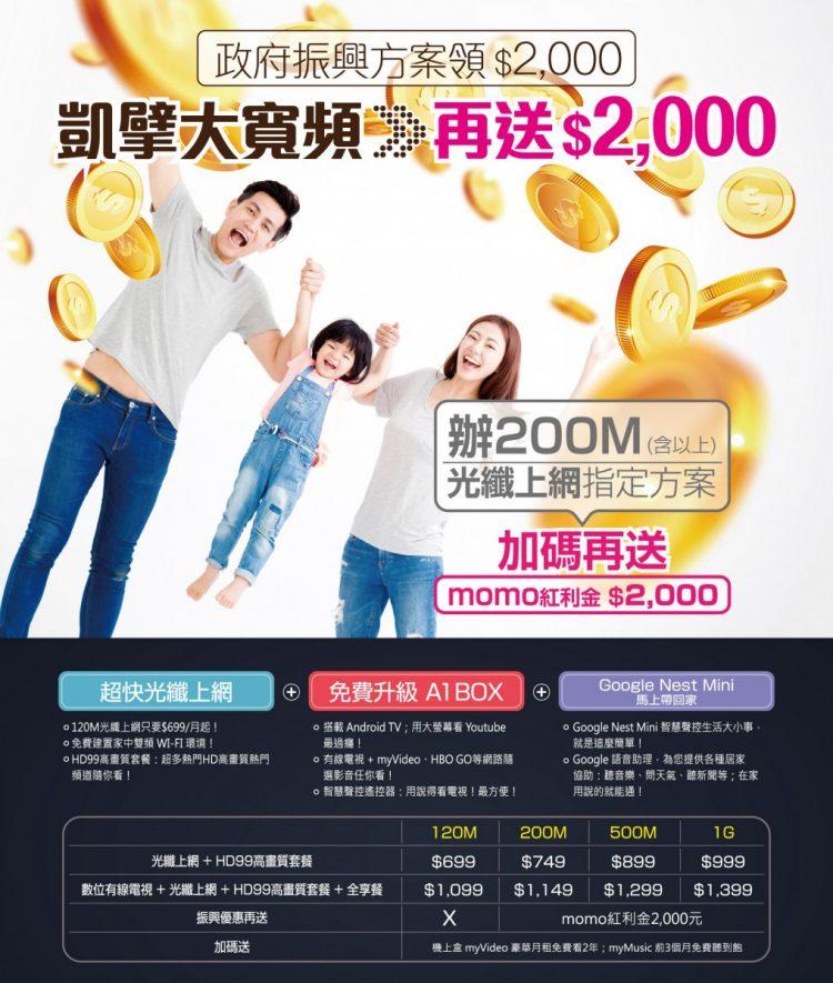 凱擘大寬頻限時推出振興優惠送好康，新申辦光纖上網指定方案加碼領momo紅利金2,000元！