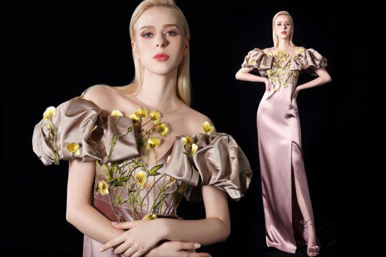 圖4_色彩明亮的花毛茛寓意受人歡迎，Khieng ATELIER京繡系列透過秀麗花姿綻放女性之美，也為女性獻上美好祝願。圖片提供／Khieng ATELIER