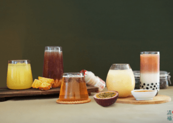 圖說：清心福全夏季熱銷商品（從右至左）：1.隱藏版2.優多百香果綠茶3.梅子綠茶4.鳳梨紅茶5. 鮮橙綠。