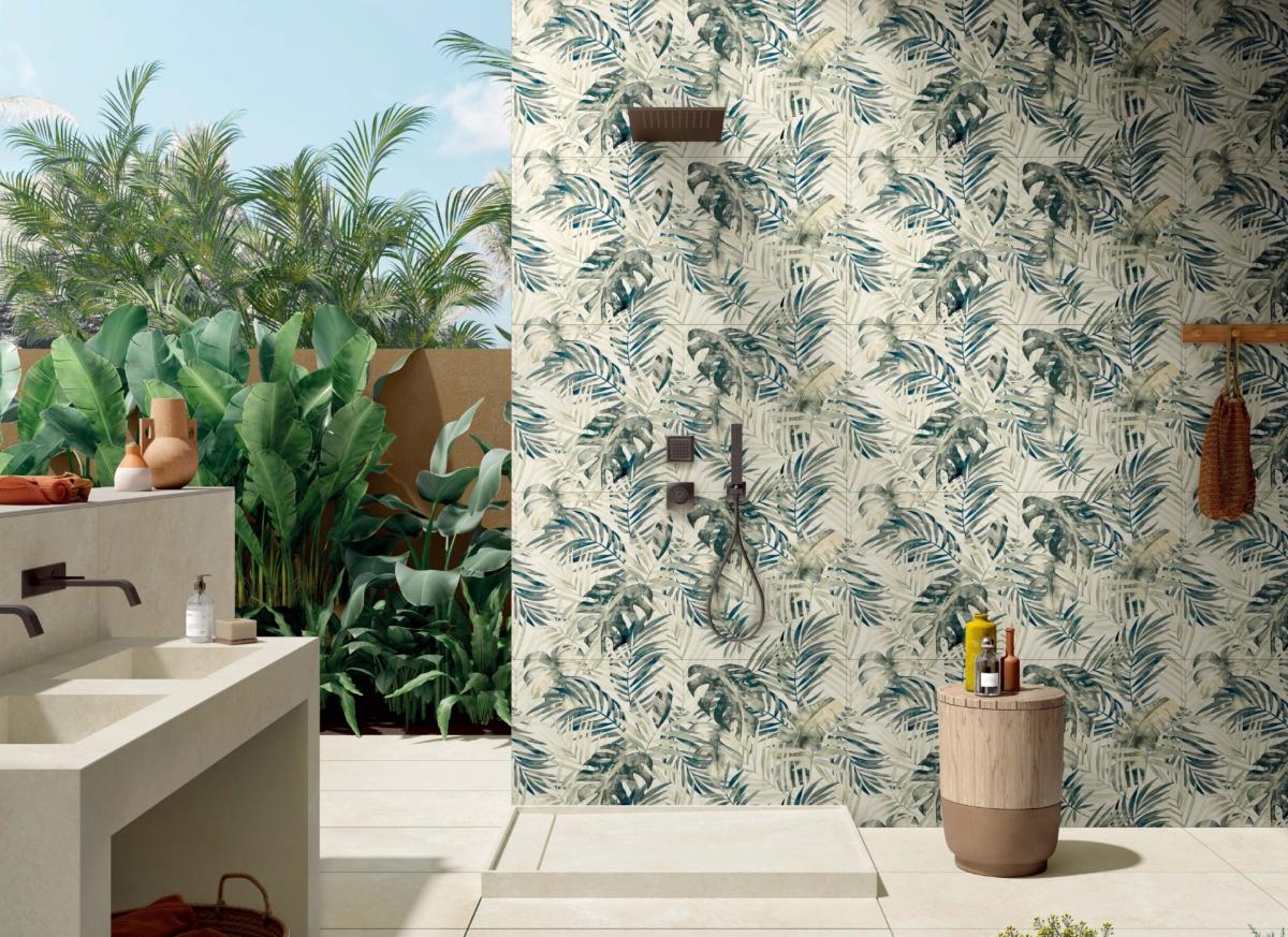 義大利知名磁磚品牌 Mirage® 向大自然取經，將鮮活的植物生命力透過壁紙磚注入在空間中。（圖片來源：羅特麗精品磁磚）