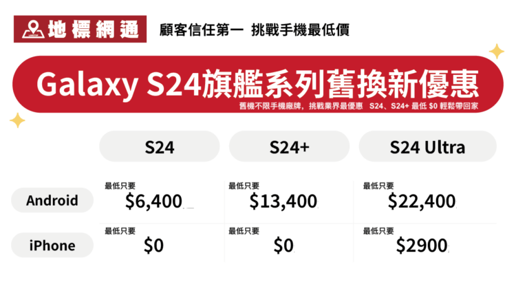 新聞照片二：持續「挑戰手機最低價」，地標網通針對 S24 系列也提供超過百種電信資費方案，並同時推出手機舊換新優惠，合併搭配更有機會用 $0 將手機帶回家