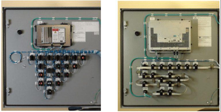 採用傳統佈線的 Rockwell 自動化控制台（左）與安森美的 10BASE-T1S 解決方案（右）